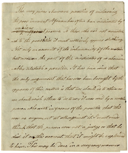 Moving Anti-Slavery Essay Circa 1796, Entitled ''Against the Slave Trade'' -- ''...How takeing him in a deceitfull manner under the cloak of friendship & confineing him in chains...''